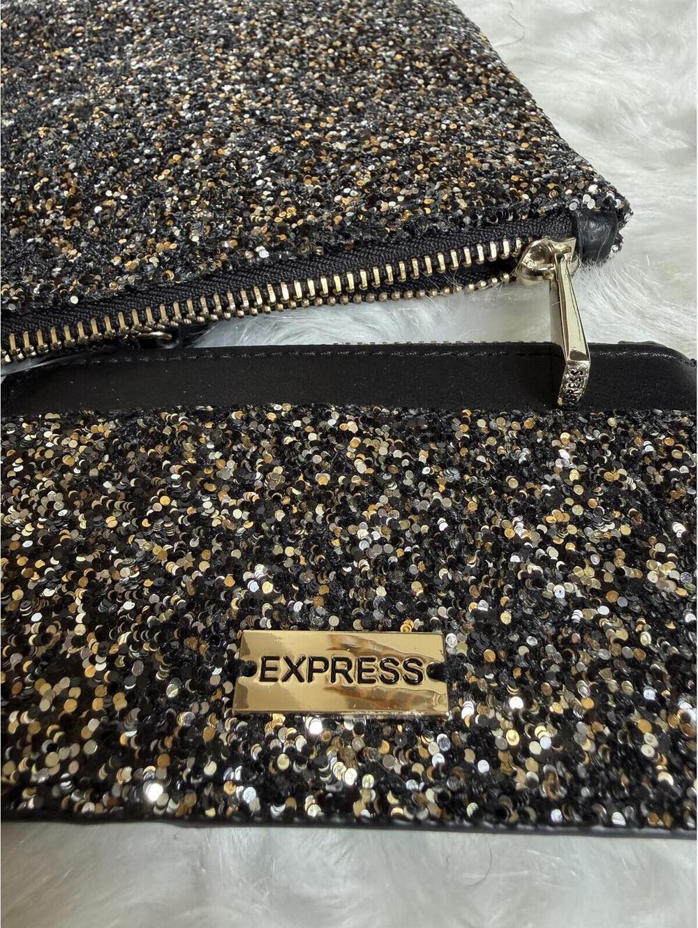 Express Black and Gold Sequin Wristlet and Cardholder Set